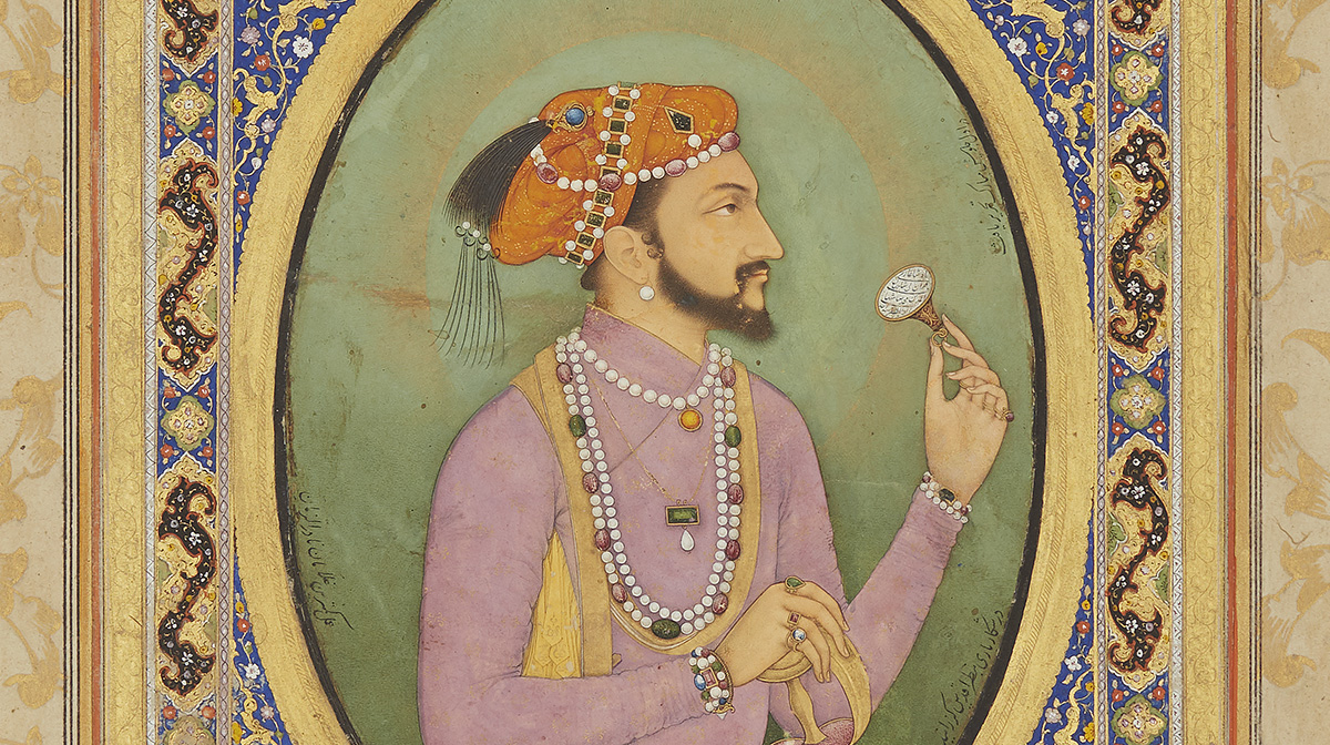 Opaque watercolour portrait of Shah Jahan holding a ring